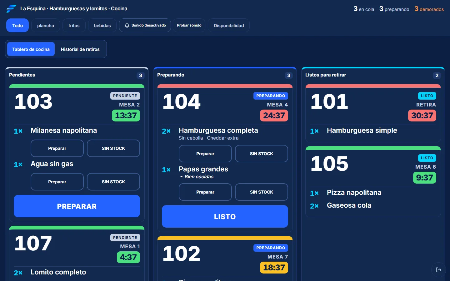 La pantalla de cocina de Fast Flow: comandas pendientes, en preparación y listas, cada una con su reloj